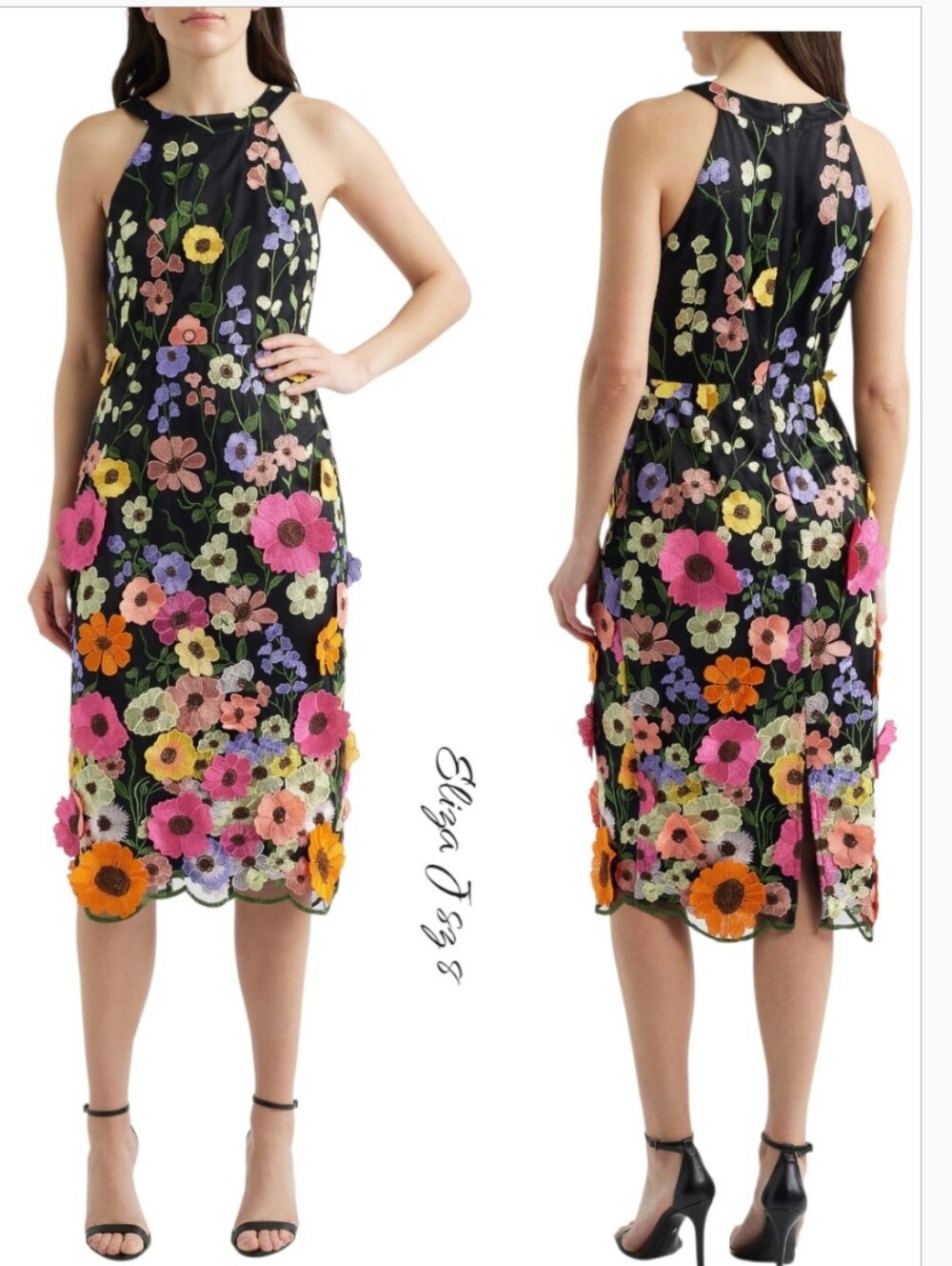 Eliza J 3D Floral Embellished Halter Midi Sheath Dress Black Multi Size 8